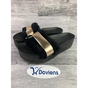 Schutz Womens Black & Gold Faux Fur Platform Slide Sandals Size 9.5B